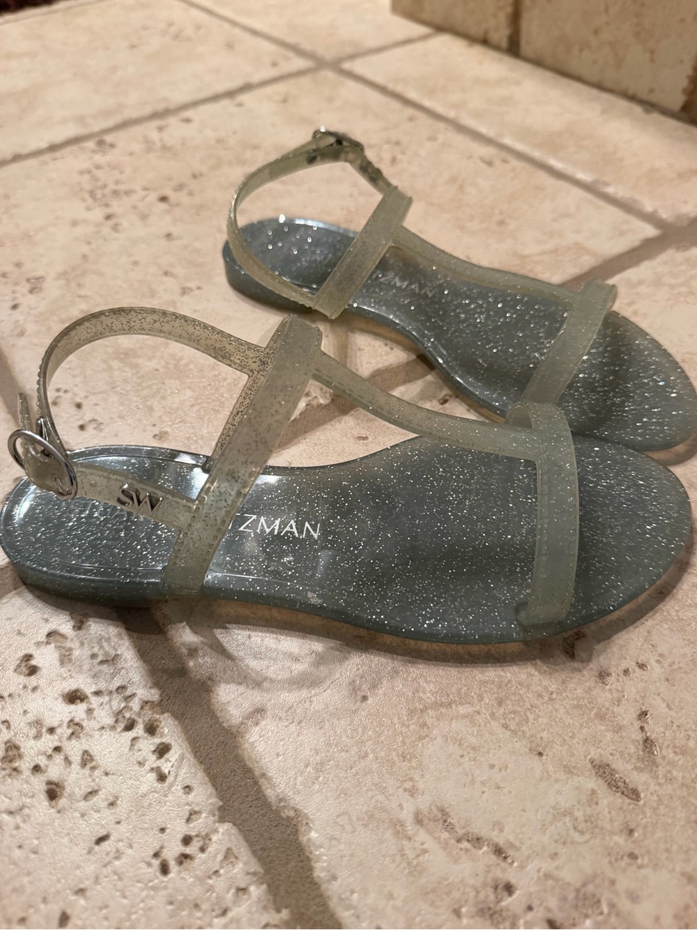 Stuart Weitzman Glitter Jelly Sandals in Sparkling Silver-Clear
